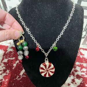 Christmas Holiday Set of Pierced Earrings and Necklace With Peppermint Pendant